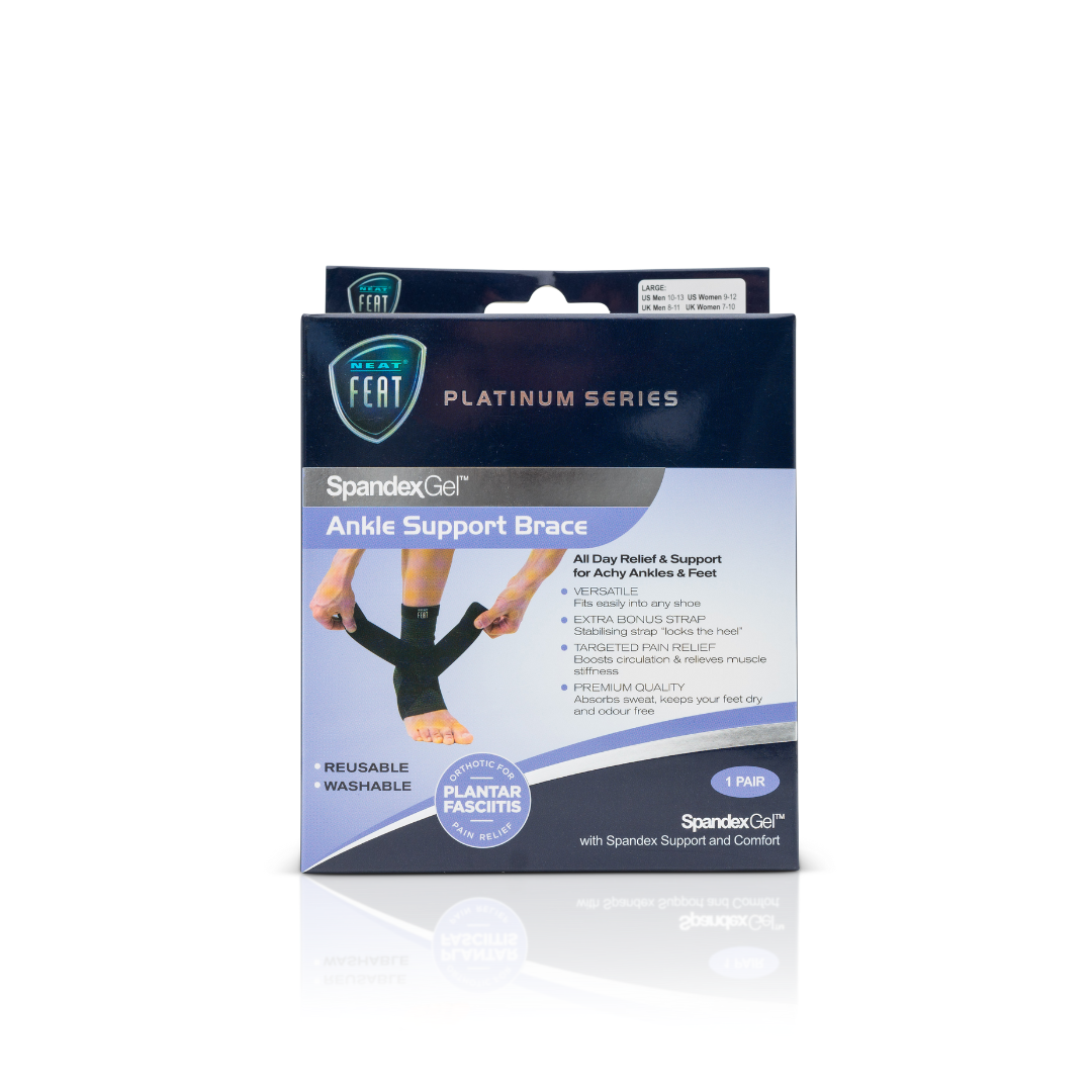 Platinum Series Spandex Gel Ankle Support Brace box, mostly blue and purple, featuring an image of a foot wearing the support brace on the front, demonstrating its fit and ankle support benefits.