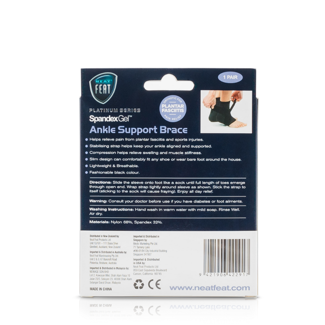 The back of the Platinum Series Spandex Gel Ankle Support Brace box, mostly blue and white with predominantly white font, displaying product details and usage instructions, along with an image of the foot wearing the brace to highlight its supportive design.