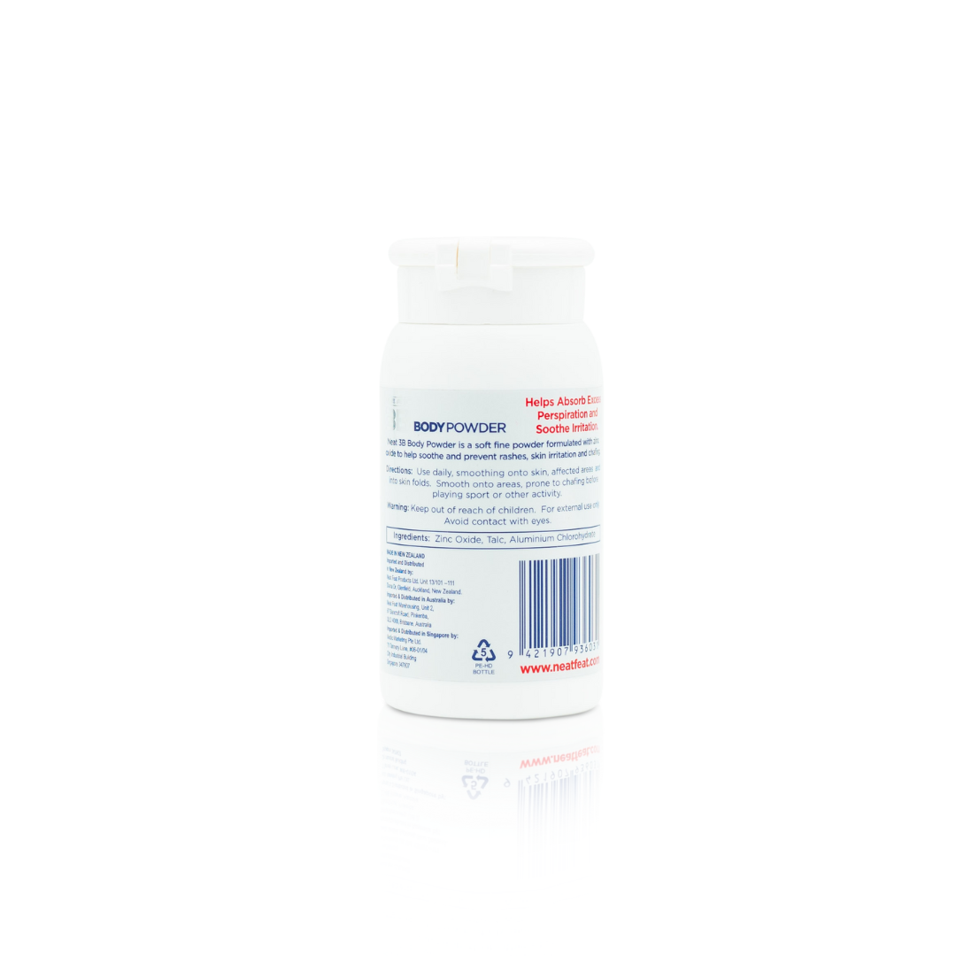 Back of the Neat Feat 3B Body Powder Travel Pack 30g, featuring product information, usage instructions, and safety details. The design maintains a simple, clean layout with easy-to-read text.