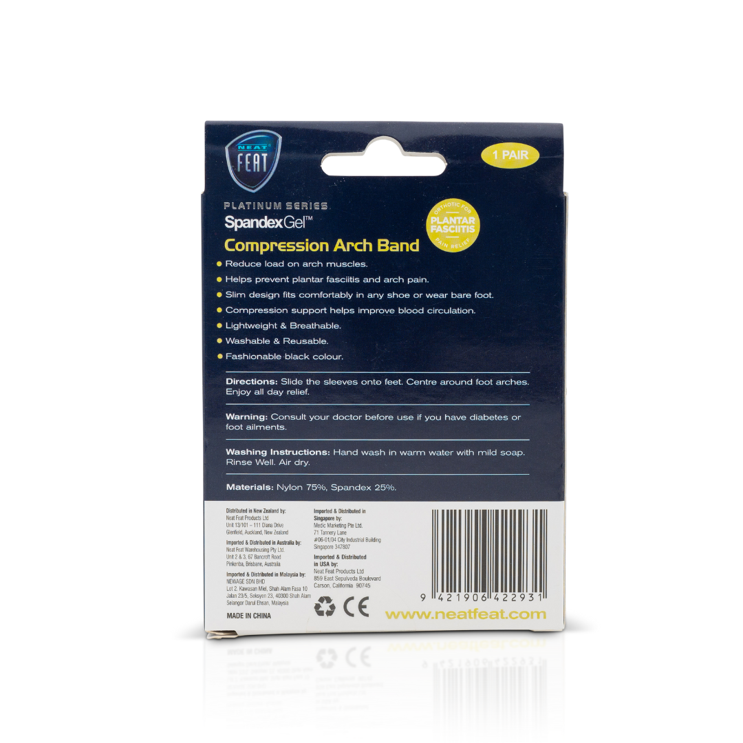 The back of the Platinum Series Spandex Gel Compression Arch Band box, mostly blue and white with predominantly white font, displaying product details and usage instructions in a clean, organised layout.