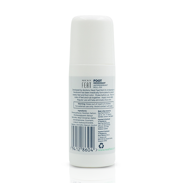 Back of the Neat Feat Roll-On Foot Deodorant bottle, showing product information and usage instructions.