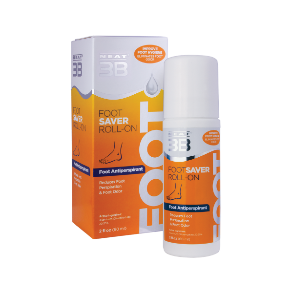 Neat 3B Foot Saver Roll-On Antiperspirant Deodorant box and bottle, featuring a white cap and an orange background, designed for foot odour protection and freshness.