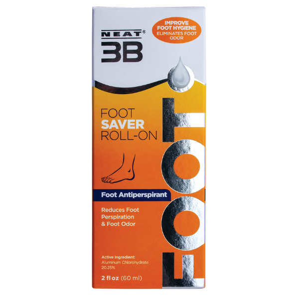 Neat 3B Foot Saver Roll-On Antiperspirant Deodorant box with a vibrant orange background and white text, designed for foot odour protection and freshness.