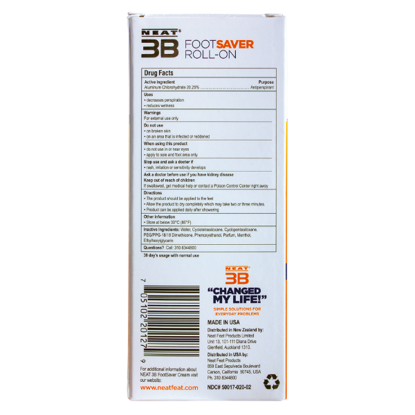 Back of Neat 3B Foot Saver Roll-On Antiperspirant Deodorant box, featuring a white background with mostly black text detailing product information and usage instructions.