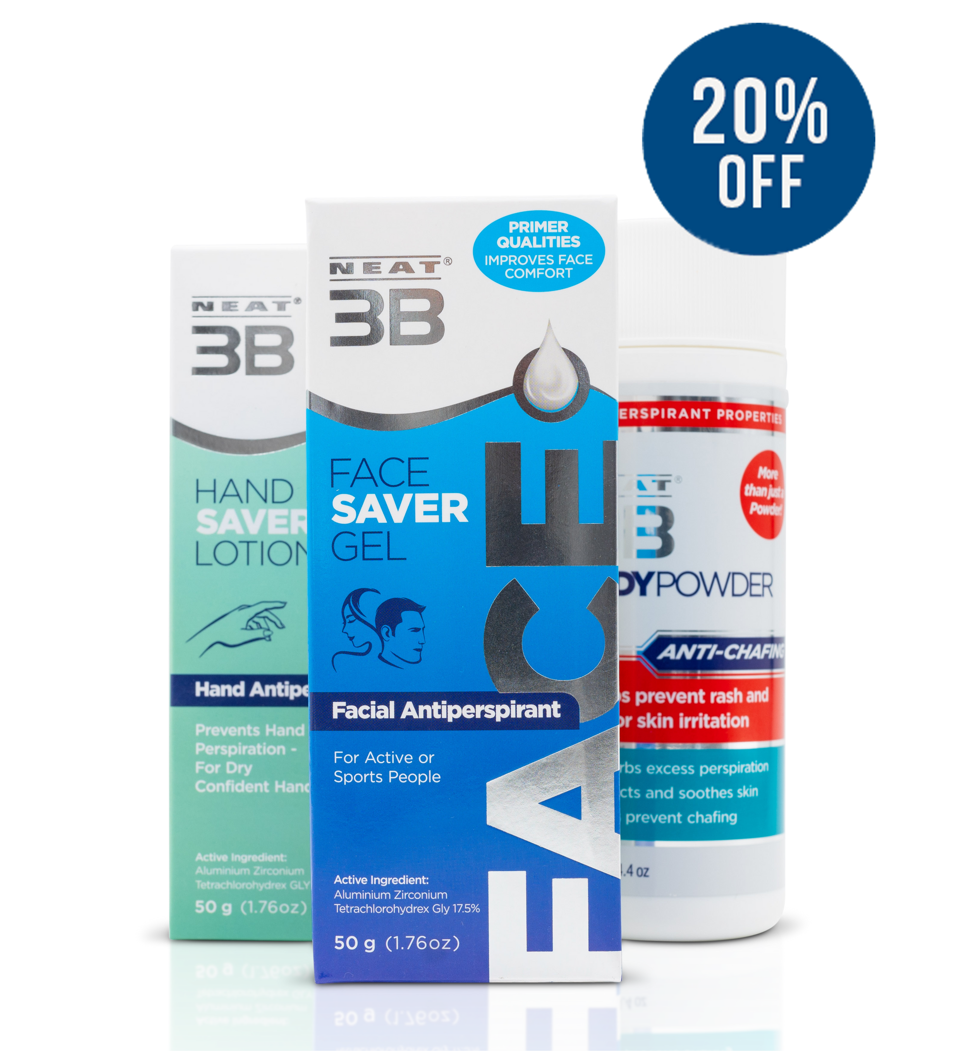 Neat Feat No Sweat Bundle. Products displayed side by side with Face Saver slightly in front.