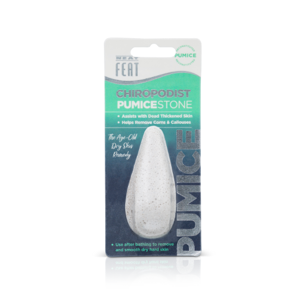 Neat Feat Foot Pumice Stone Foot Scrub, displayed standing up with green, white, and blue packaging. The clear plastic cover reveals the full pumice stone.