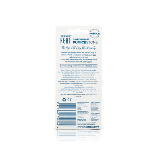 Back of Neat Feat Foot Pumice Stone Foot Scrub packaging, mostly white with blue text, logos, and a barcode.