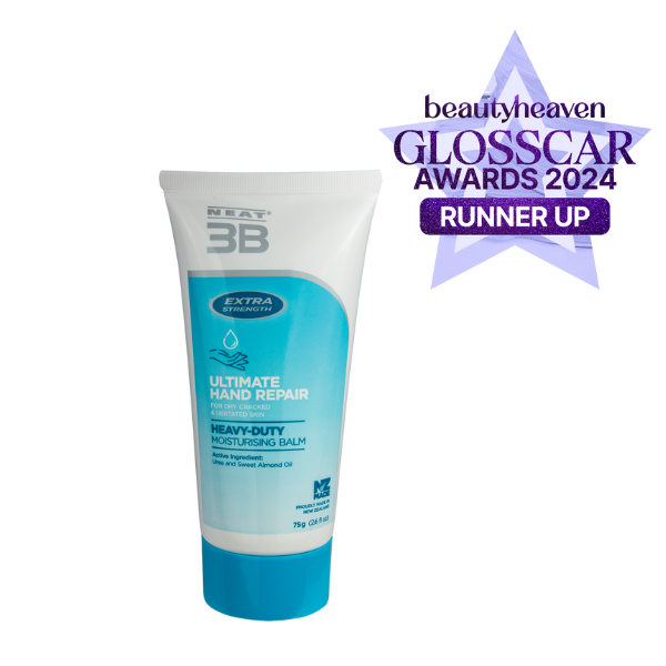 Neat Feat 3B Ultimate Hand Repair Moisturising Balm tube, blue and white with a blue cap, featuring a Beauty Heaven Glosscar Awards 2024 Runner-Up sticker in the corner.