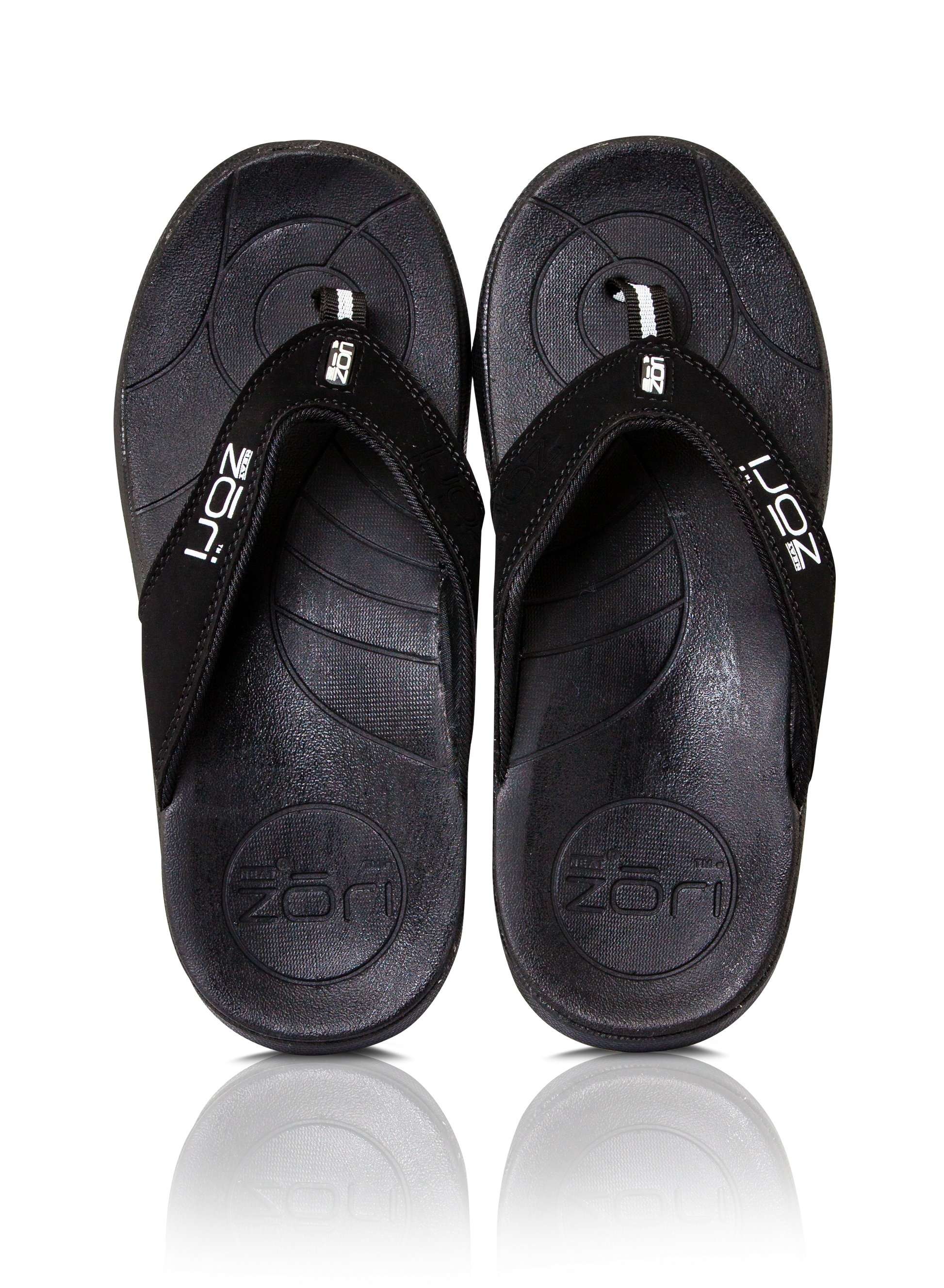 Neat Zori Black Orthotic Thong/Sandal, top view with both sandals displayed side by side, mostly black with white Neat Zori logo.