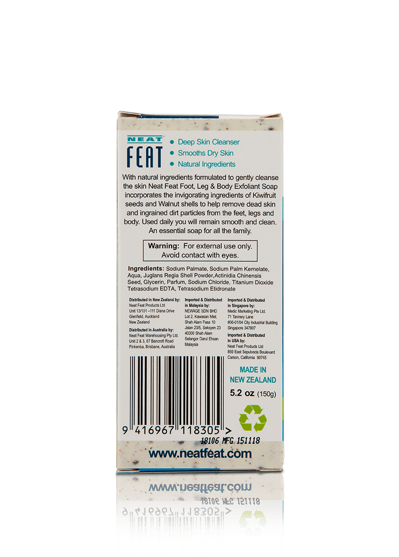 Back of Neat Exfoliant Soap 150g Body Scrub white box, featuring product details and usage instructions with a clean, minimalist design.