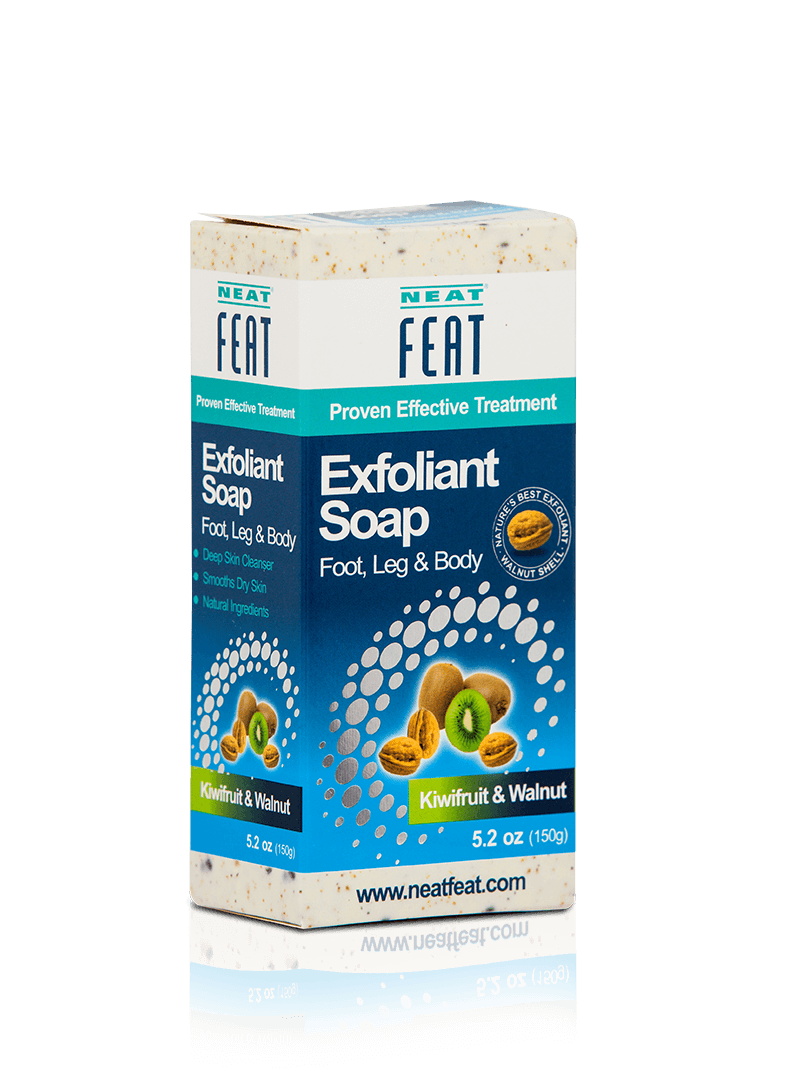 Neat Exfoliant Soap 150g Body Scrub with mostly blue packaging, featuring images of kiwi fruit and walnuts, designed for exfoliating and refreshing the skin.