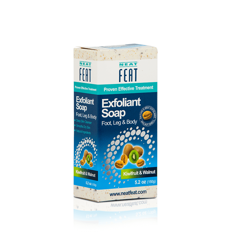 Neat Exfoliant Soap 150g Body Scrub with mostly blue packaging, featuring images of kiwi fruit and walnuts, designed for exfoliating and refreshing the skin.