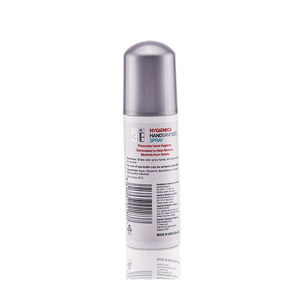 Back of the 3B Hand Sanitiser Spray bottle, featuring mostly black text with product details, directions, and ingredients on a white background.