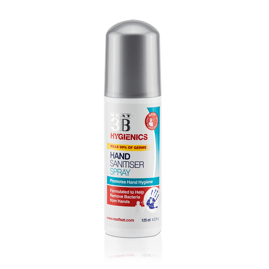 3B Hand Sanitiser Spray, featuring a white bottle with a grey cap, standing upright. The packaging is simple and clean, highlighting the product's effectiveness in sanitising hands.