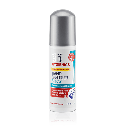 3B Hand Sanitiser Spray, featuring a white bottle with a grey cap, standing upright. The packaging is simple and clean, highlighting the product's effectiveness in sanitising hands.