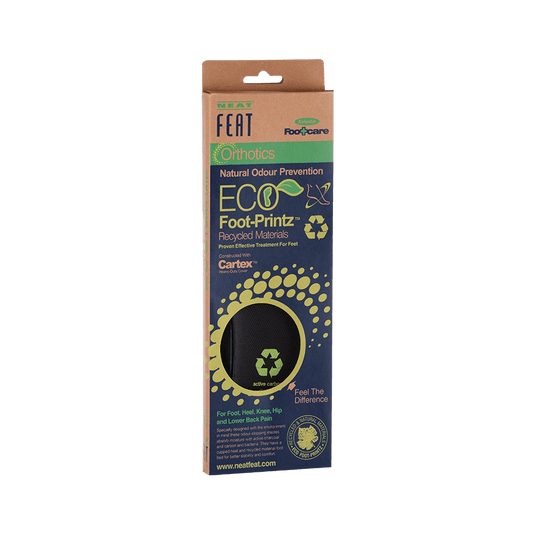 Neat Feat Eco Foot Printz Insoles, inside their mostly brown and blue packaging with a clear hole displaying the black insoles. The packaging highlights the eco-friendly design and comfort of the insoles.