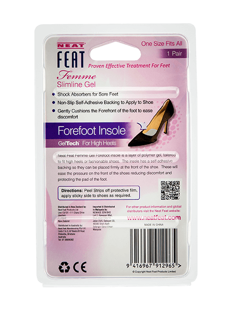 Back of the Neat Feat Femme Gel Forefoot Insole packaging, mostly pink with mostly black text, displaying product details, usage instructions, and benefits for forefoot protection and comfort.