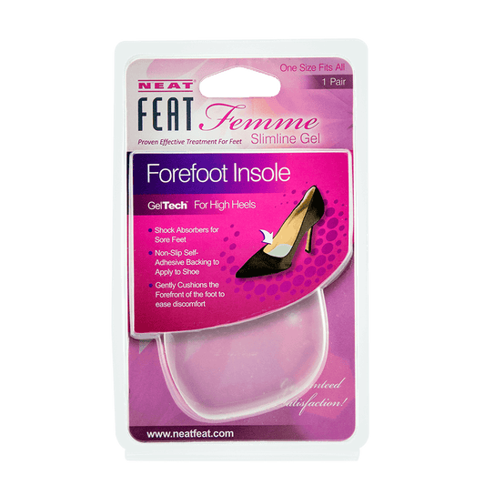 Neat Feat Femme Gel Forefoot Insole, in mostly pink packaging with mostly white text, featuring a clear plastic cover that exposes the white, semi-translucent gel insoles inside. The front includes an image of a shoe showing where to place the insoles for forefoot protection and comfort.
