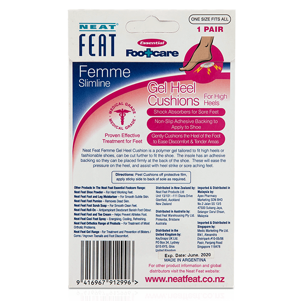 Back view of the mostly white Femme Gel Heel Cushion packaging, displaying product information and branding.