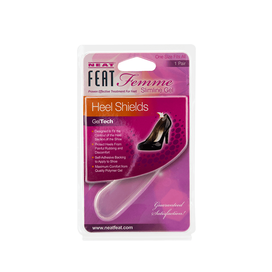 Neat Feat Femme Gel Heel Shield, in mostly pink packaging with mostly white text, featuring a clear plastic cover that exposes the white, semi-translucent gel heel shields inside. The front includes an image of a shoe showing where to place the gel shields for heel protection and comfort.