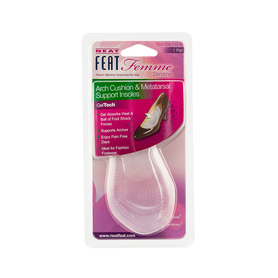 Front of the Neat Feat Femme Slimline Gel Arch Cushion & Metatarsal Insole packaging, mostly pink with a clear plastic cover showing the gel insoles inside. The front features an image demonstrating how to place the insoles in shoes for arch and metatarsal support.