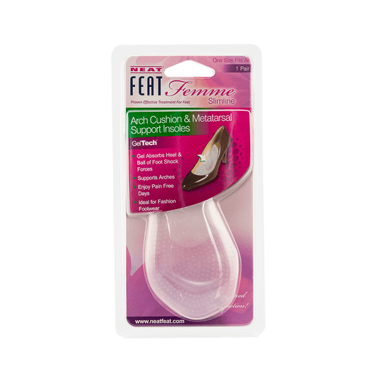 Front of the Neat Feat Femme Slimline Gel Arch Cushion & Metatarsal Insole packaging, mostly pink with a clear plastic cover showing the gel insoles inside. The front features an image demonstrating how to place the insoles in shoes for arch and metatarsal support.