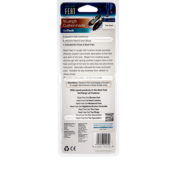 Back of the Neat Feat Gel 3/4 Length Cushion Insole packaging, mostly white with mostly black text, displaying product details, usage instructions, and benefits for shock absorption to the heel and arch of the foot.