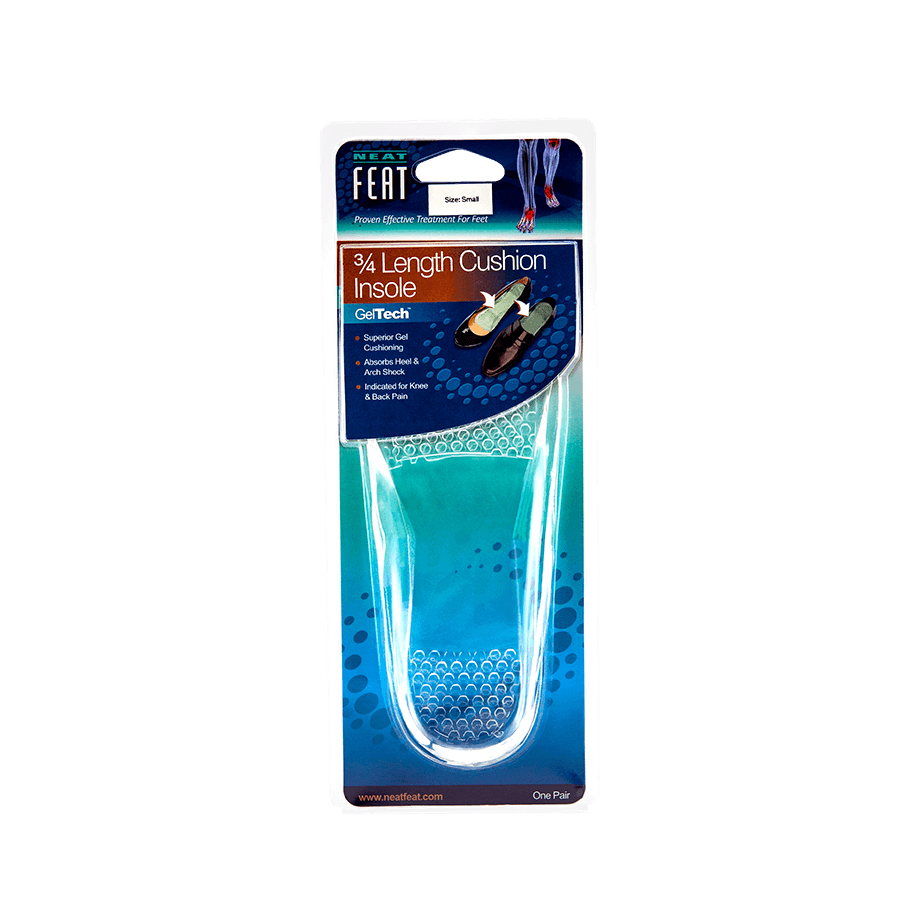 Front of the Neat Feat Gel 3/4 Length Cushion Insole packaging, mostly blue with a clear plastic cover showing the gel insoles inside. The front features an image demonstrating how to place the insoles in shoes for shock absorption and support to the heel and arch.