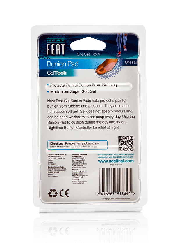 Back of the Neat Feat Gel Bunion Pad packaging, mostly white with mostly black text, displaying product details, usage instructions, and benefits for bunion protection.