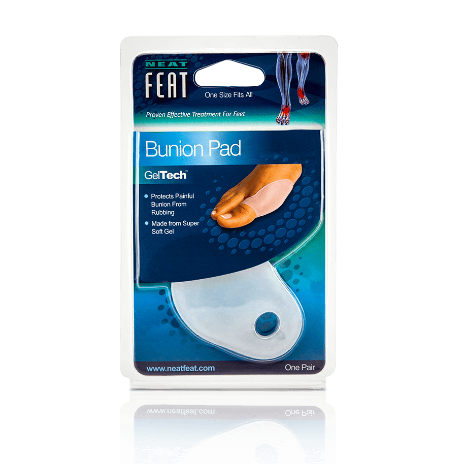 Front of the Neat Feat Gel Bunion Pad packaging, mostly blue with a clear plastic cover showing the white gel bunion pad inside. The front features an image demonstrating how to wear the product for protection and comfort.