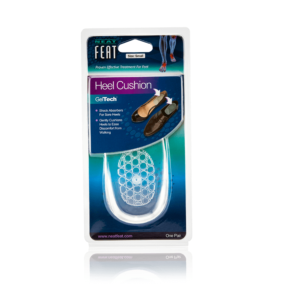 Neat Feat Gel Heel Cushions for Heel Support, in mostly blue packaging wrapped in clear plastic, displaying the clear heel cushions inside. The front features an image showing where to insert them into your shoe for optimal support.