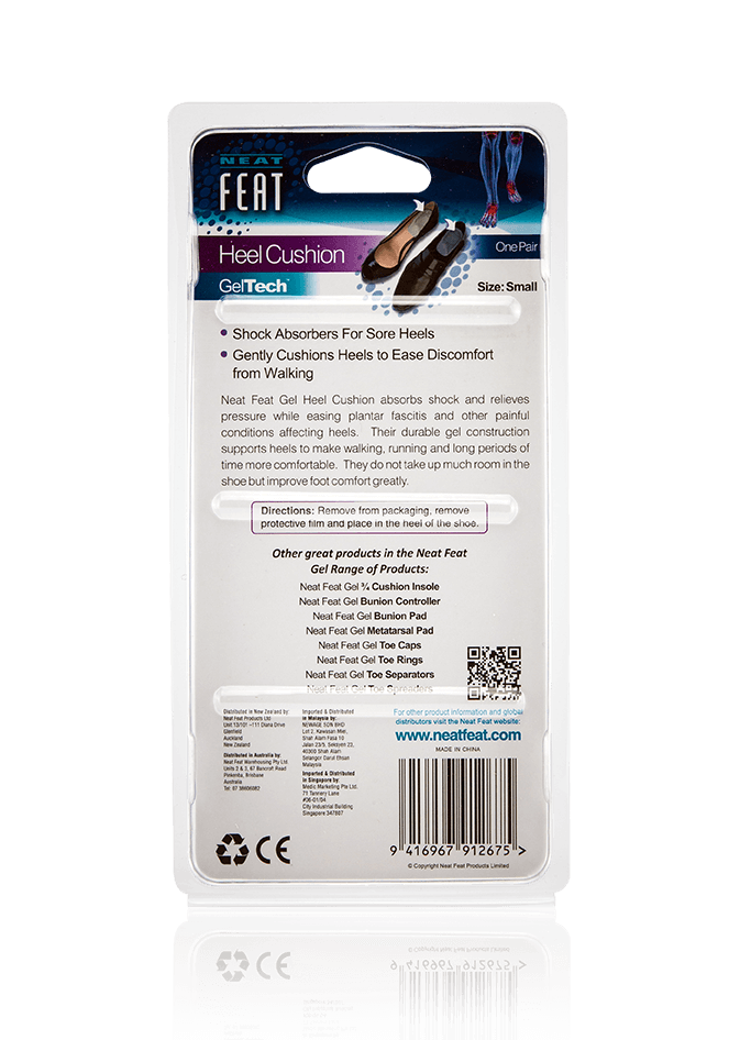 Back of the Neat Feat Gel Heel Cushions packaging, mostly white with mostly black text, displaying product details, usage instructions, and benefits for heel support.