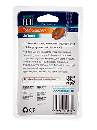 Back of the Neat Feat Gel Toe Spreaders packaging, mostly white with mostly black text displaying product details and directions. 