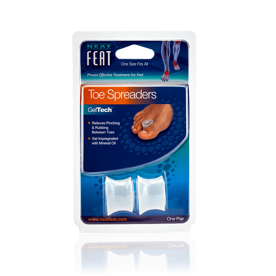 Neat Feat Gel Toe Spreaders, in blue packaging wrapped in plastic, allowing a clear view of the toe spreaders. The front of the packaging shows an example of the toe spreader in use.