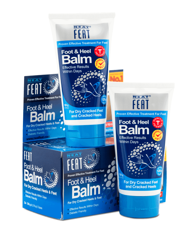 Heel Balm 120g Mega Pack for dry, cracked feet, in mostly navy blue packaging. The box contains two tubes, with one tube sitting on top, featuring clear product information and a focus on hydration and repair for dry, cracked skin.