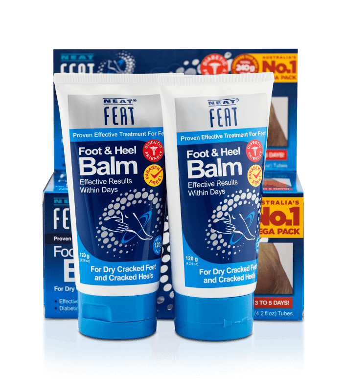 Heel Balm 120g Mega Pack for dry, cracked feet, in mostly navy blue packaging. The box contains two tubes, with clear product information and a focus on hydration and repair for dry, cracked skin.