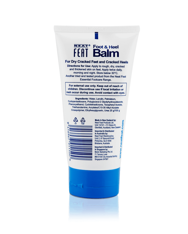 Neat Feat Heel Balm 120g white tube with blue text and a blue lid, featuring product details, directions, and ingredients on the label.