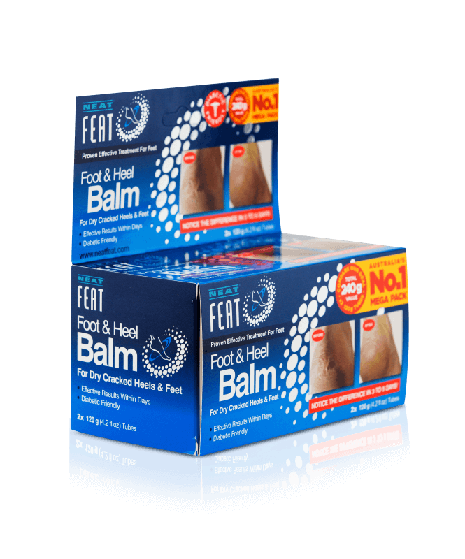 Neat Feat Heel Balm 120g box, front-on and slightly rotated, showcasing the product branding and information in mostly navy blue packaging.