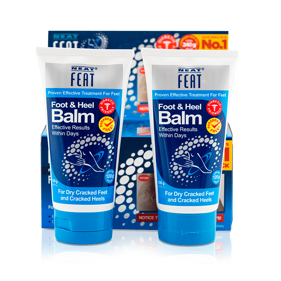 Heel Balm 120g Mega Pack for dry, cracked feet, in mostly navy blue packaging. The box contains two tubes, with clear product information and a focus on hydration and repair for dry, cracked skin.