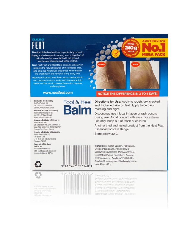 Back of the Neat Feat Heel Balm 120g box, featuring product details, directions, and ingredients with navy blue and white accents.