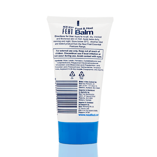 Back of the Neat Feat Foot & Heel Balm 75g tube, featuring product details, directions, and ingredients on a white label with blue text.