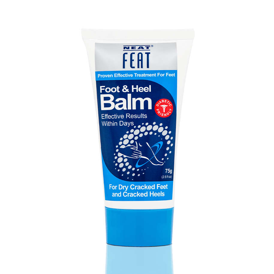 Neat Feat Foot & Heel Balm 75g tube with a blue lid, featuring a simple design with a blue label and white tube.