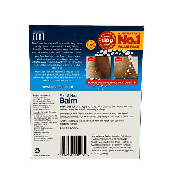 Back of the Heel Balm 75g Twin Pack box, featuring product information, usage instructions, safety precautions, ingredients, and a barcode. The design is clean and easy to read, with clear, concise text on a navy blue 