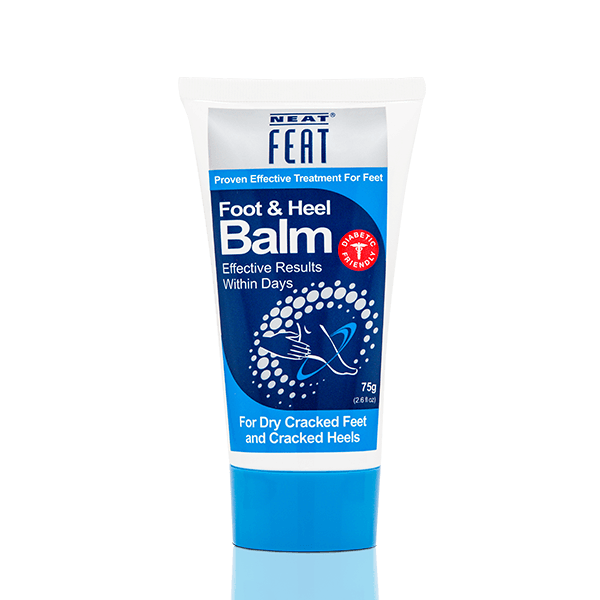 Heel Balm 75g tube for dry, cracked feet, featuring mostly navy blue packaging. The design highlights its hydrating and reparative properties, with clear product information and a simple, clean layout.