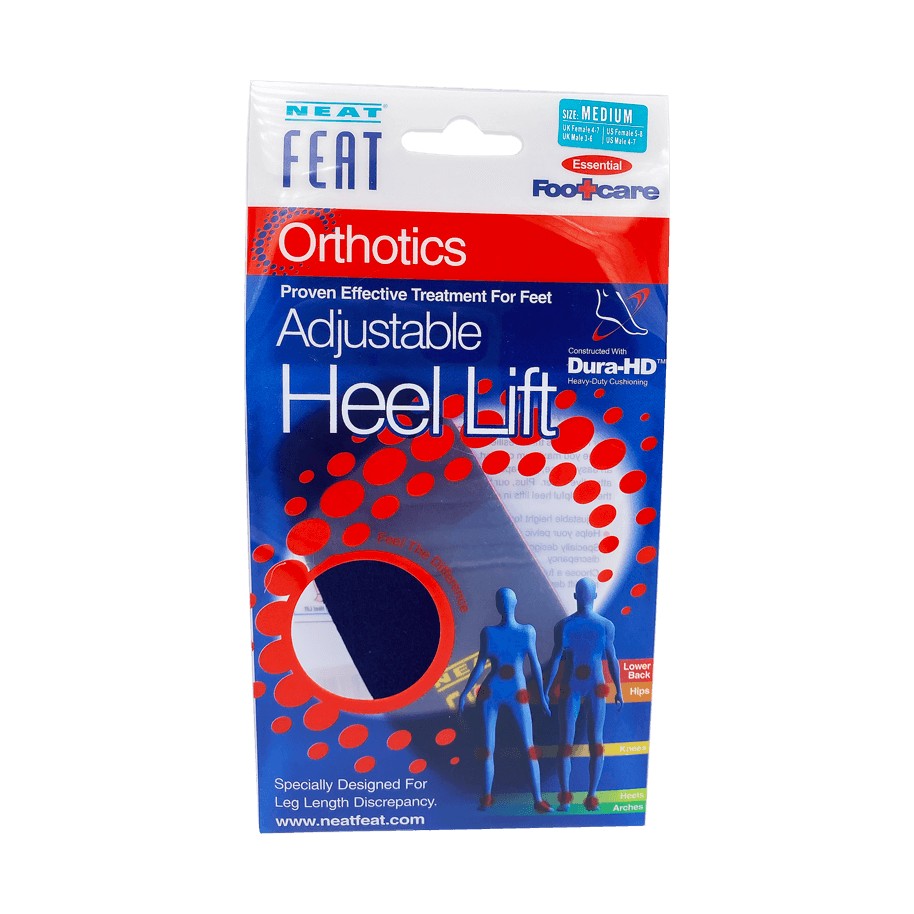 Neat Feat Heel Lift Lessening Pressure on the Heel and Reducing Inflammation, featuring mostly blue packaging with white and red accents and a hole designed to show the product inside.