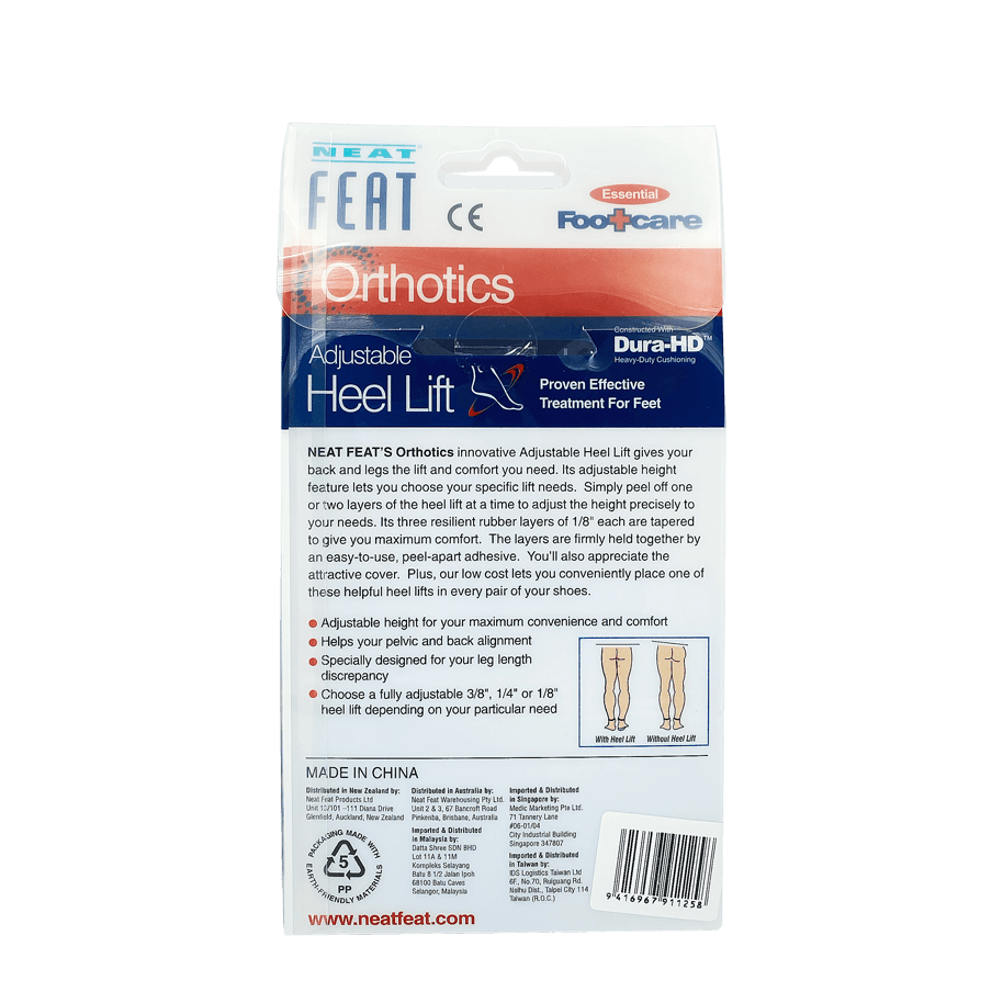Back of the Neat Feat Heel Lift Lessening Pressure on the Heel and Reducing Inflammation box, mostly white with blue and red accents, featuring mostly black text with product details and instructions.