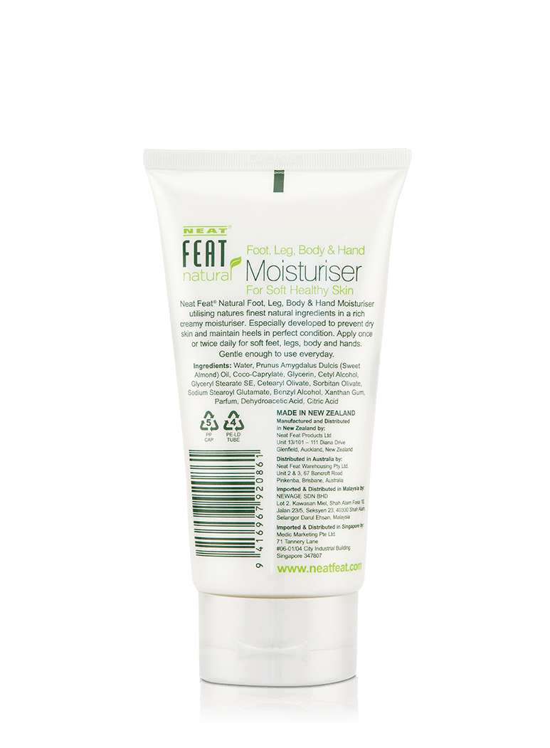 Back of the Neat Feat Natural Foot, Leg, Body & Hand Moisturiser tube, white with green text displaying product details, directions, and ingredients.