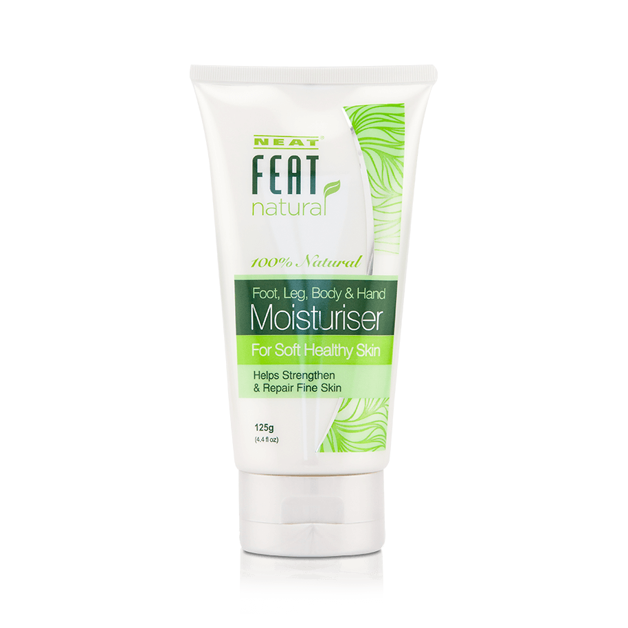 Neat Feat Natural Foot, Leg, Body & Hand Moisturiser tube, white with a white cap and green label, showcasing the product branding and information.