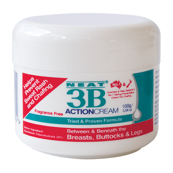 Neat 3B Action Cream 100g white tub for chafing, featuring red and duck blue accents with product branding and information.