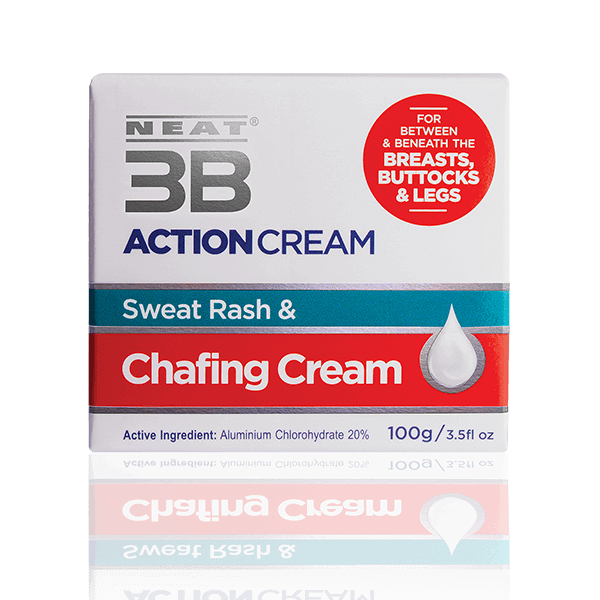 Neat 3B Action Cream 100g box for chafing, mostly white with red and duck blue accents, featuring product branding and information.